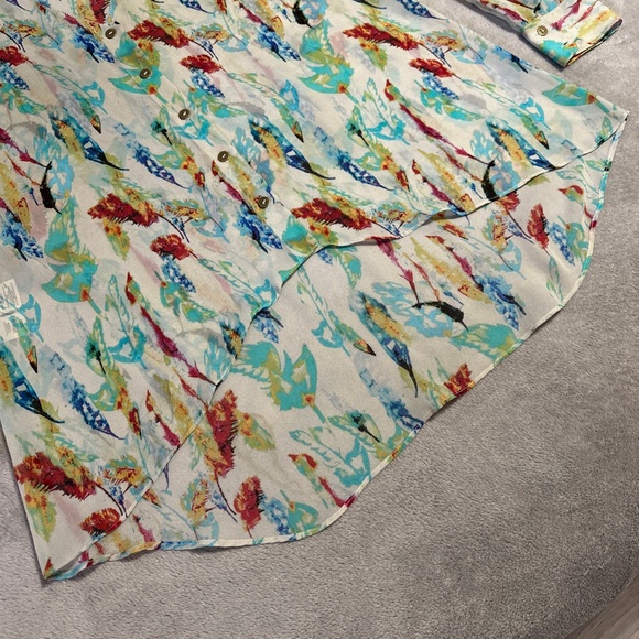 Sheer Oversized Feather Print Rachel Roy Blouse Medium Hi-Low hem Button-up Boho - Picture 2 of 9